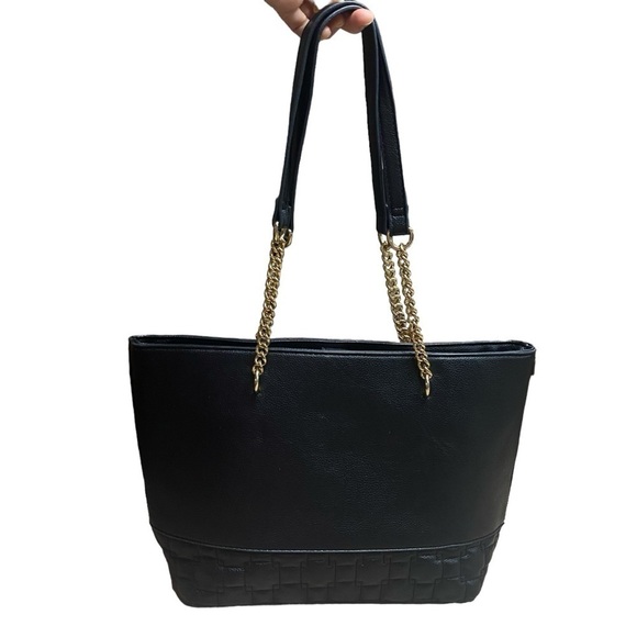 Anne Klein Black Chain Strap Pebble Faux Leather Part Quilted Shoulder Tote Bag - Picture 2 of 15